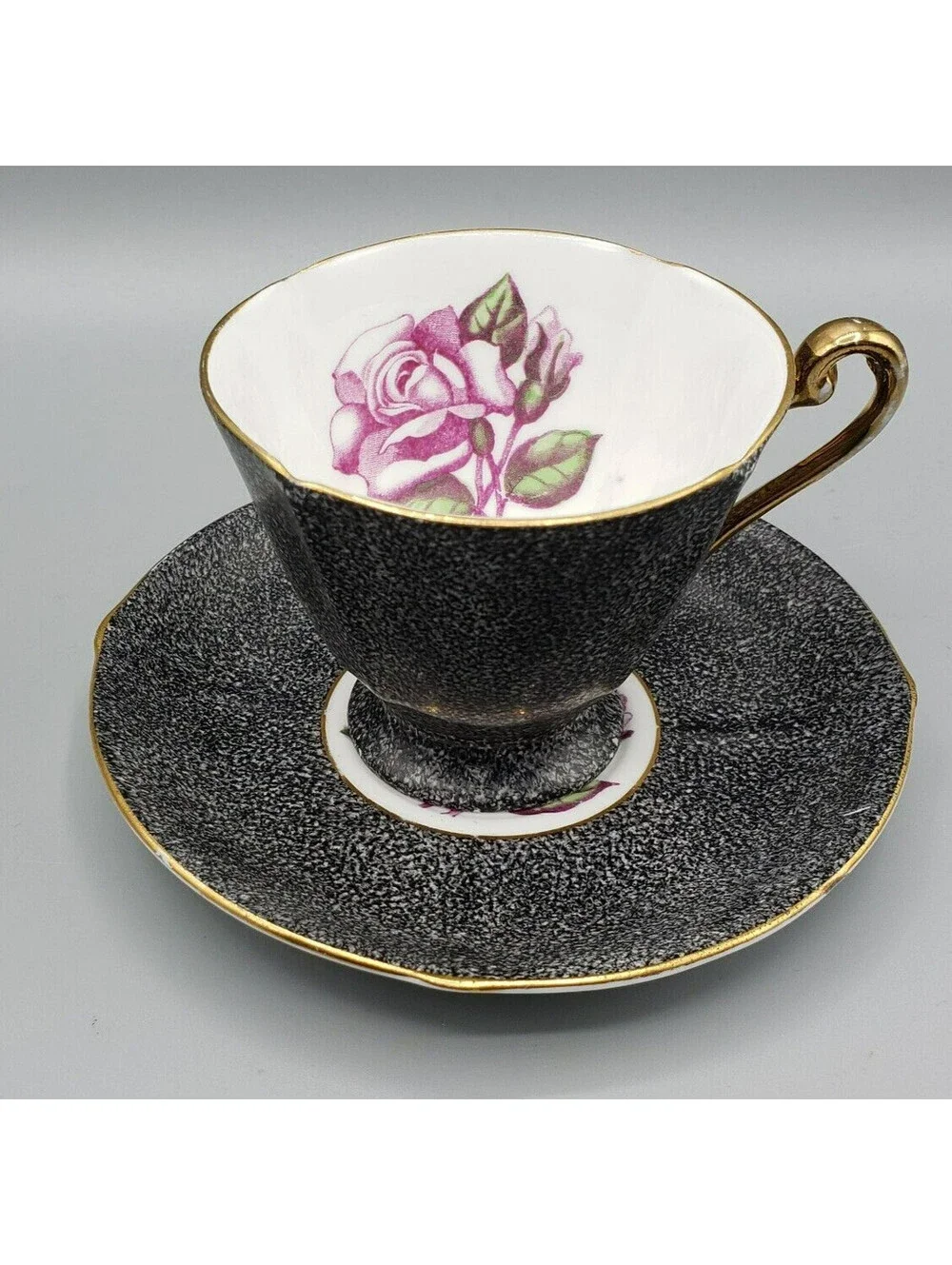Vintage Roslyn Teacup & Saucer Fine Bone China Black Pink Tea Rose Elegant